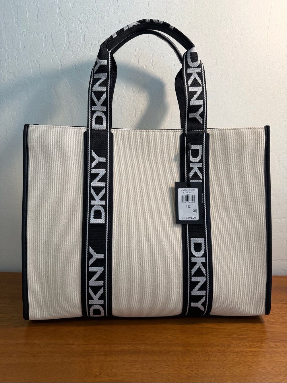 Dkny White Canvas Tote with Black Logo Straps